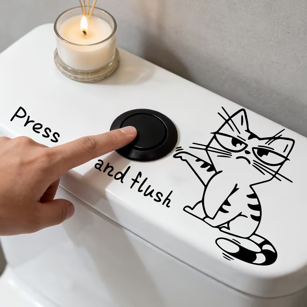 Image of 1pc Funny Sassy Cat 'press And Flush' Toilet Sticker, Removable Peel And Stick Wall Decal For Room Decor, Bedroom Decor, Wall Decor, Home Decor, Party Decor, Bathroom Toilet Decor