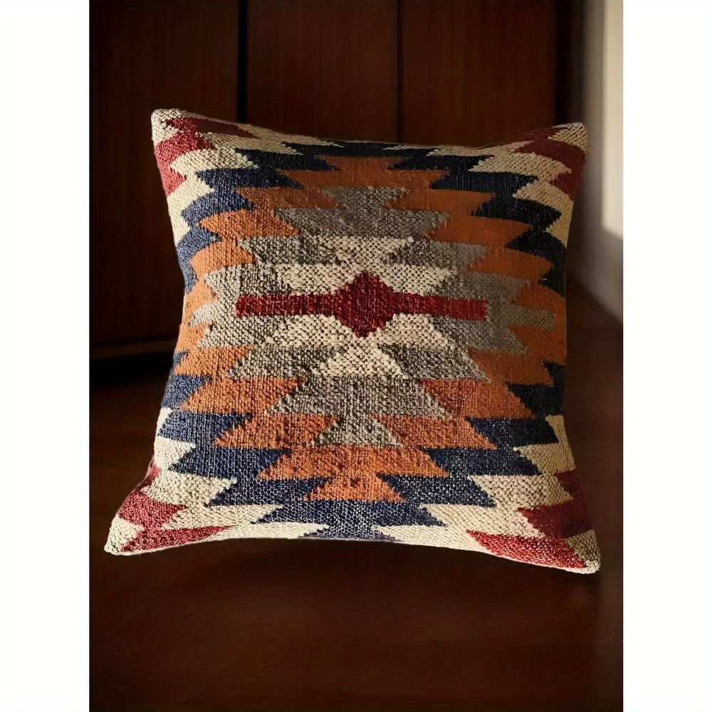 TEMU Pillowcases 2pcs Vintage Jute Throw Pillow Covers 18x18 Inch Cases With Geometric Patterns, Red, Blue, Orange & Beige, Decorative Envelope Closure For Living Room, Bedroom