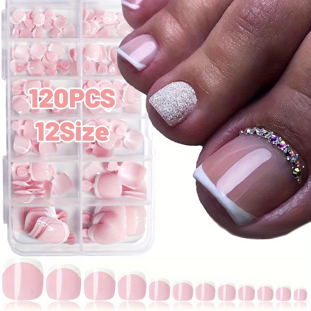 TEMU 120/240pcs Square Press-on Toenails Set - Mixed , Short Length, Cartoon Pattern, Glossy Finish, Assorted Sizes - French Fake Toenails With Pink
