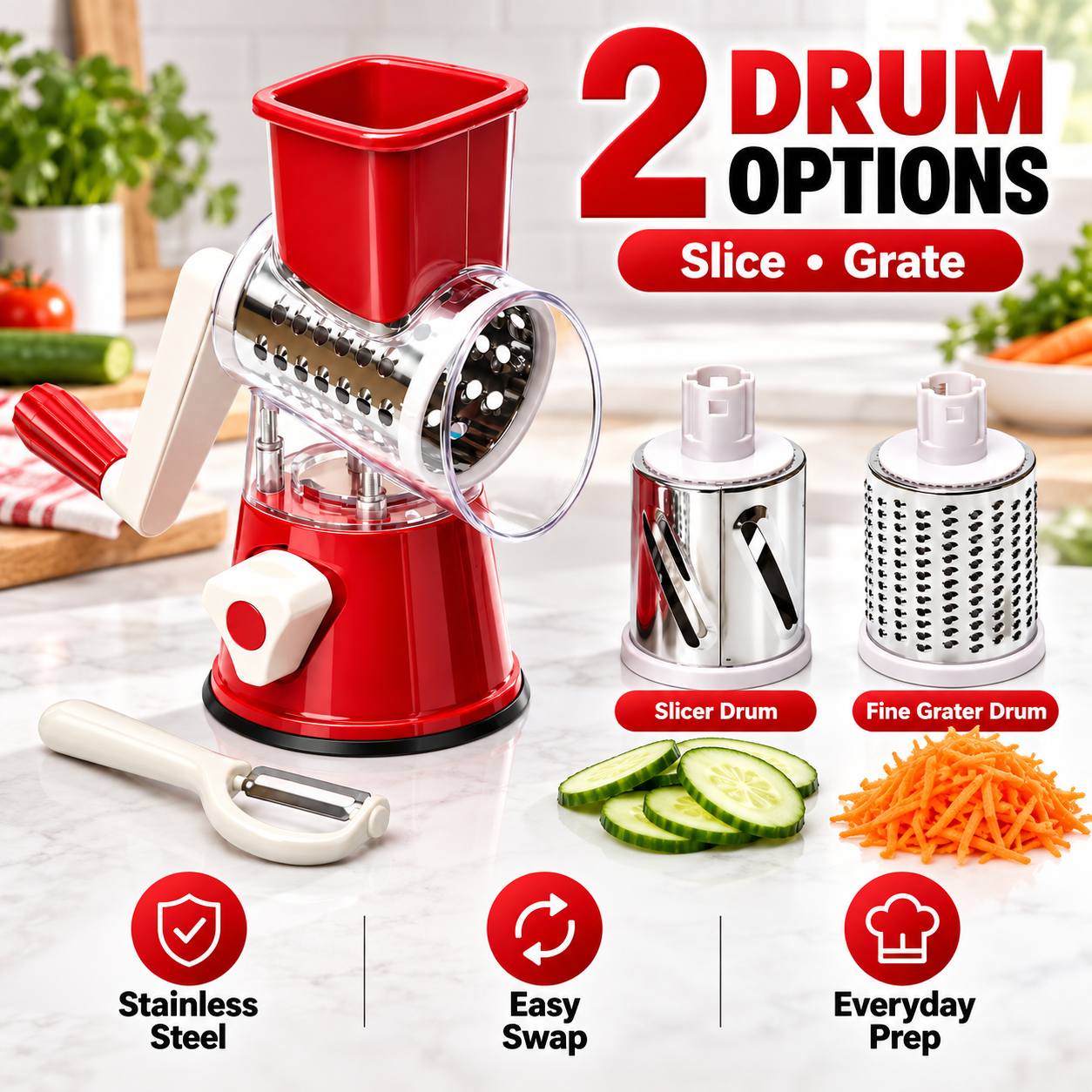 3 in 1 manual rotary grater hand crank cheese and vegetable slicer with 3pcs stainless steel drums suction base kitchen food prep tool Product details 2