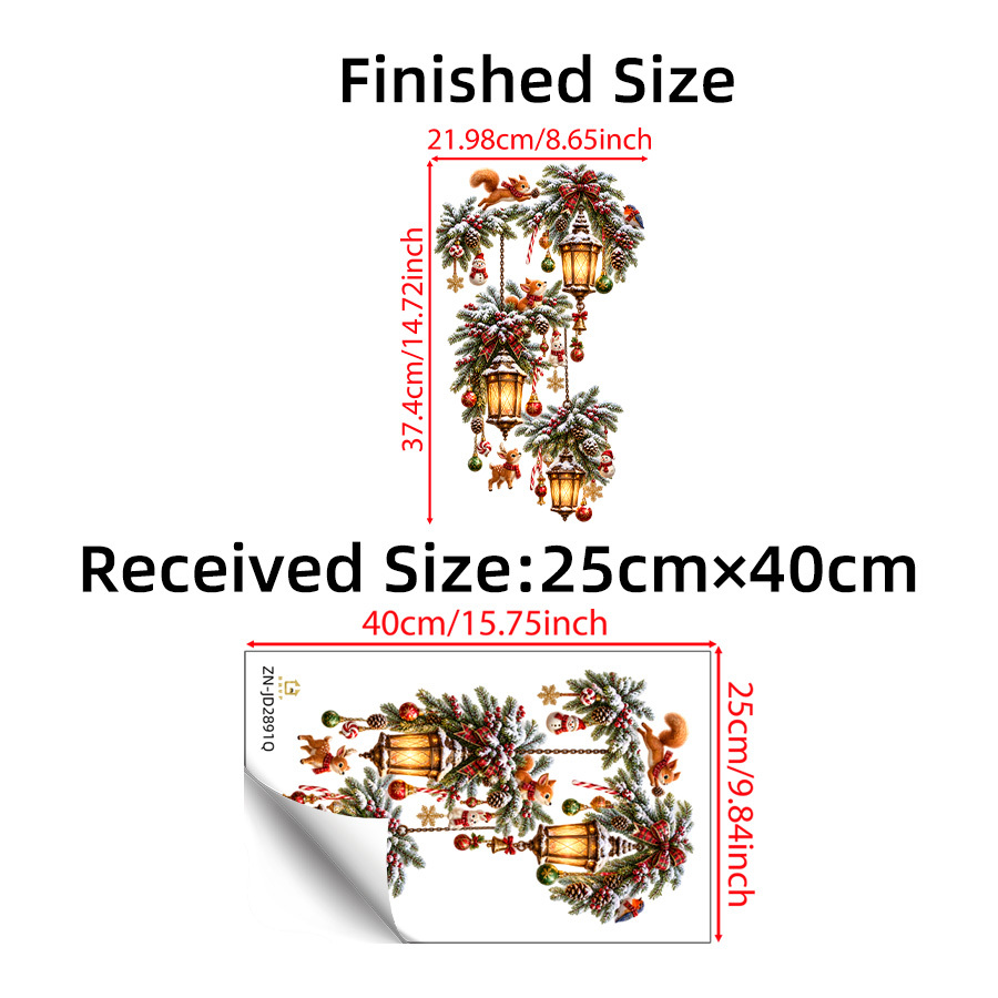 TEMU 1pc Christmas Lantern Pine Branch Animal Static Cling Window Sticker, Squirrel Deer Snowman & Vintage Lamp With Frost Pine Cones Design Reusable