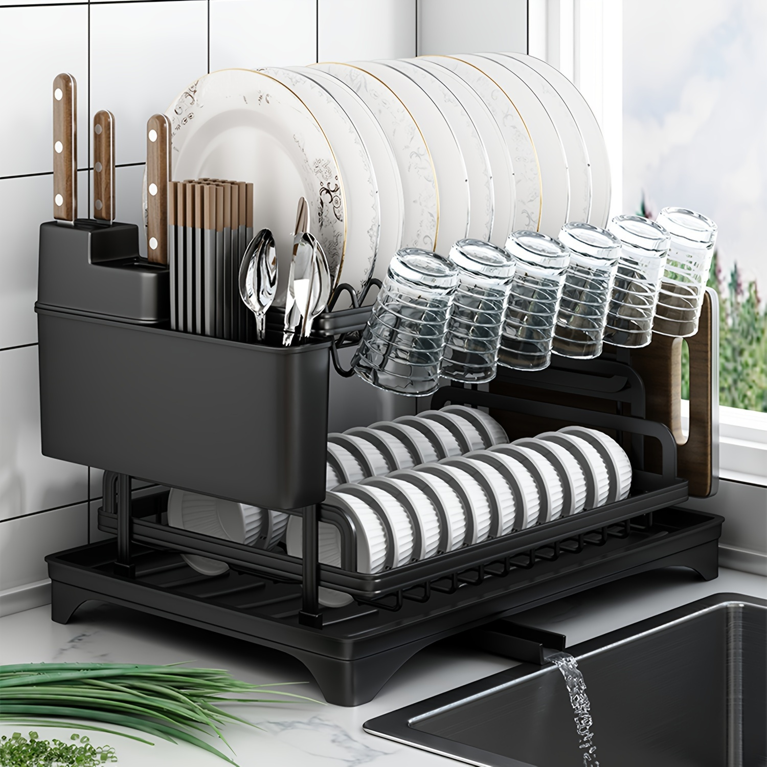 1pc modern metal kitchen dish drying rack with utensil holder and   multi function countertop storage organizer for dishes knives and flatware no power required details 2