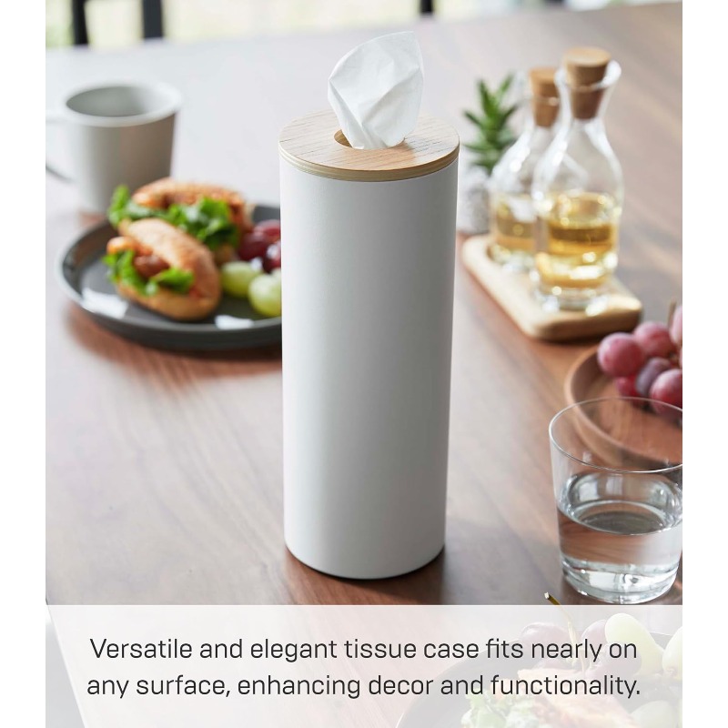home rin reusable round tissue holder case - heavy-duty steel construction with elegant white & natural wood lid, modern bathroom/office/kitchen tissue dispenser, space-saving cylindrical design, durable metal tissue organizer for home or commercial use,   & hygienic storage, minimalist decor with sturdy base, smooth rounded edges, secure tissue roll  , stylish and functional for bathroom, kitchen, or office, tissue box with storage, tissue holder for bathroom Product details 4