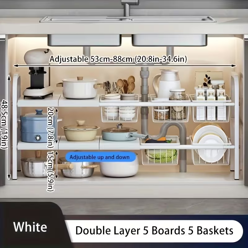 TEMU 1 Set Of Expandable Sink Storage Rack With Detachable Baskets, Adjustable Shelf Storage Rack Cabinet Rack, Single Double Layer Structure,