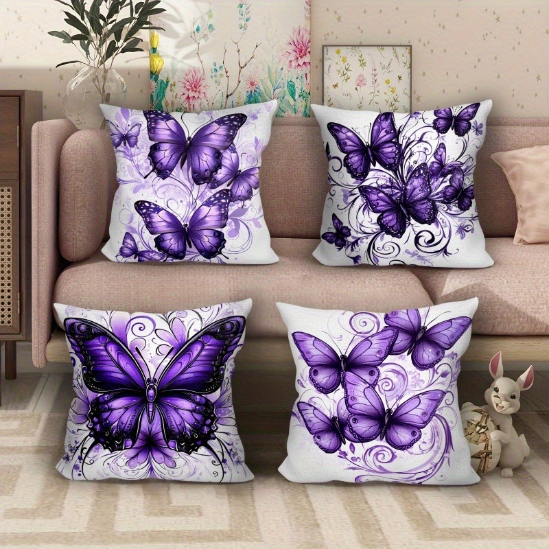 TEMU Set Of 4 Decorative Pillow Covers Featuring A Purple Design, Perfect For Enhancing The Romantic Vibe Of Your Living Room Sofa. Ideal For Relaxing And Guests, Measuring 17.7x17.7 Inches