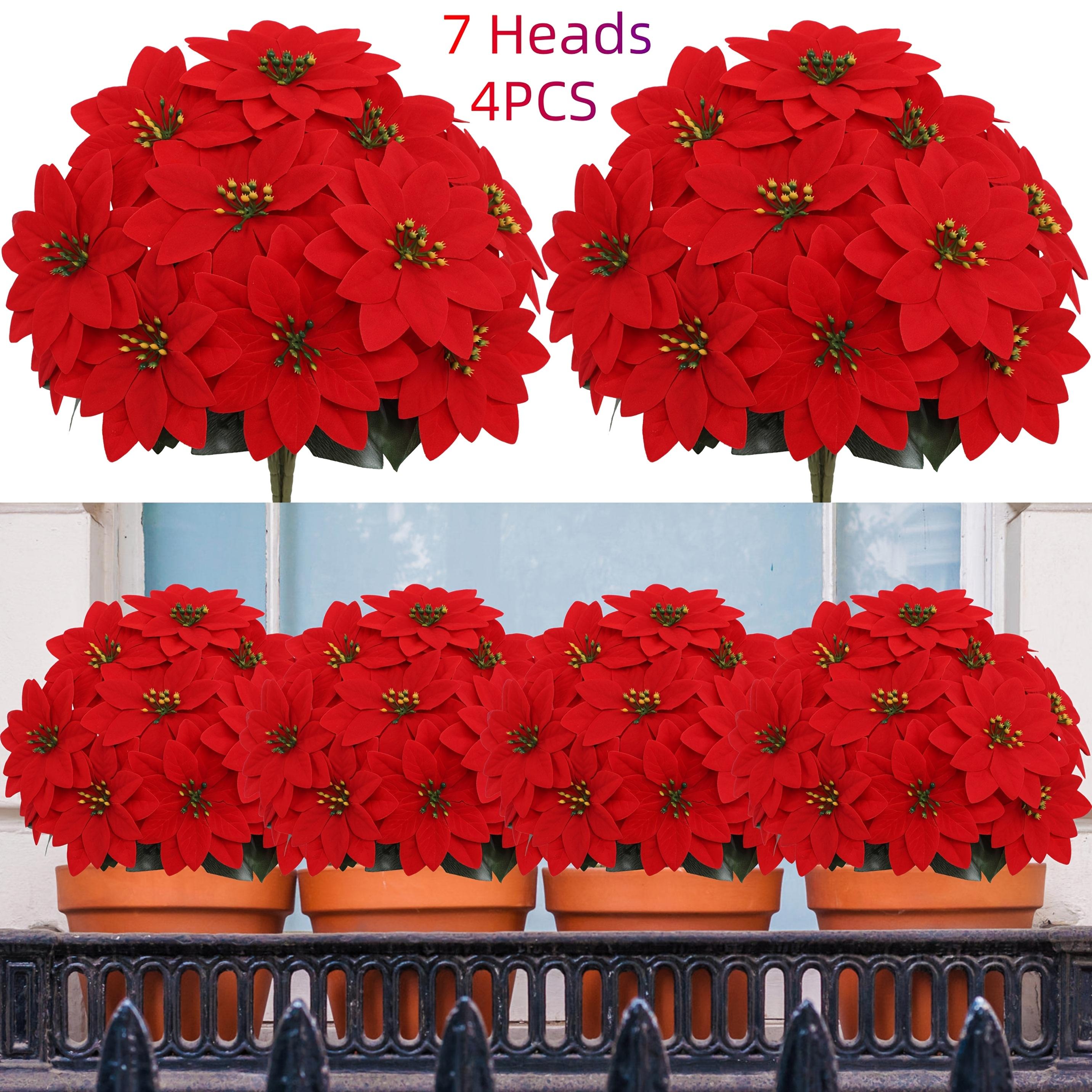 TEMU 4-pack Artificial Poinsettia Flowers With 7 Stems And Ground Spikes - Vibrant, Fake Plants For Christmas, Halloween, Outdoor Weddings, Home,
