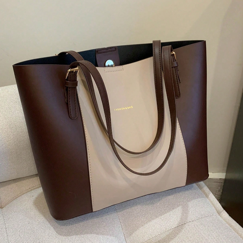 Women' Large Capacity Tote Bag with Colorblock Patchwork ( //) & Golden Foil Letter - Adjustable Strap, Closure, Elegant Handbag for Work, Commute, Travel - Multi-Purpose Casual &