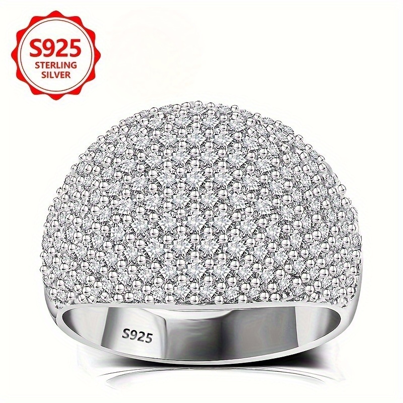 TEMU 925 Sterling Silvery Light Personality All Brick And Stone Synthetic Cubic Synthetic Zirconia Ring, Wide Ring