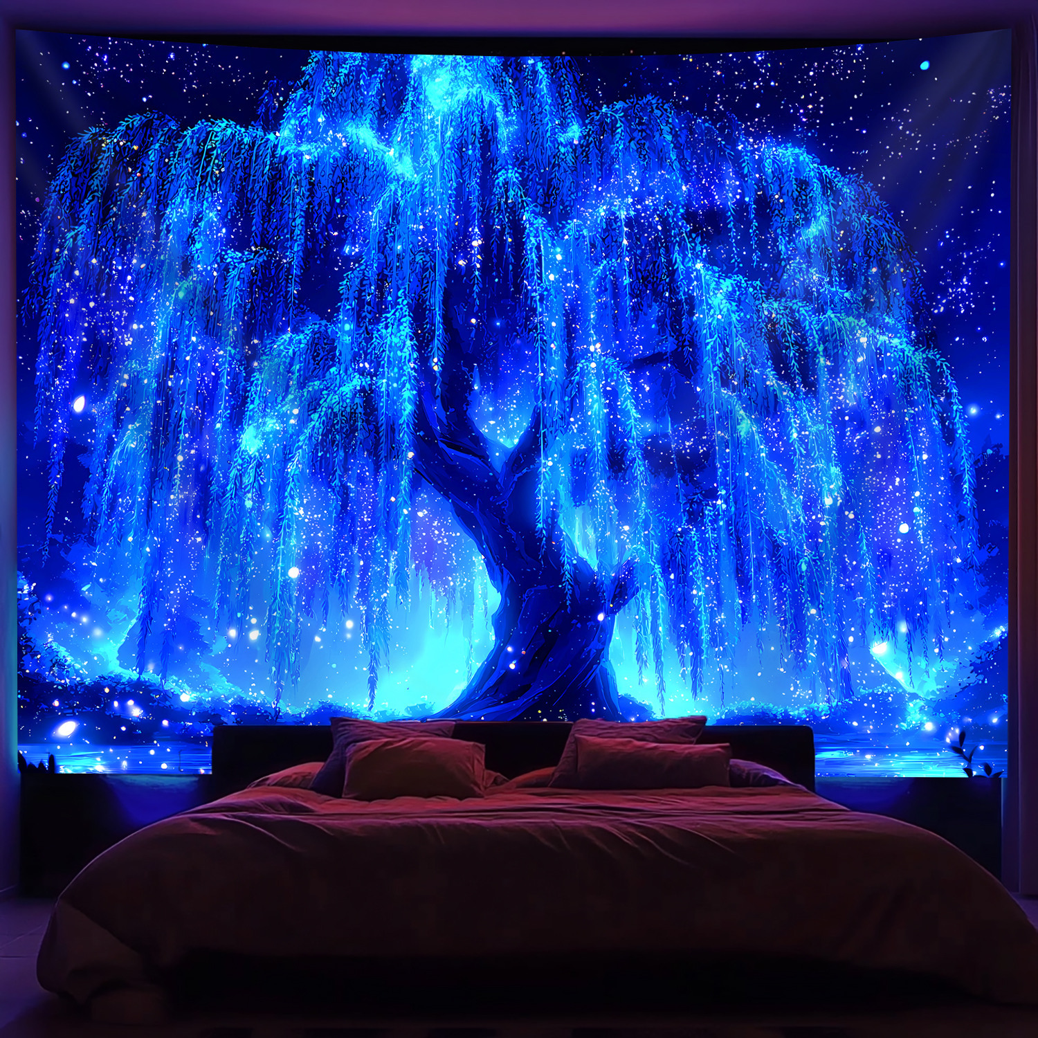 E-shop Brillanter Sternenhimmel Baum des Lebens - Leuchtet unter fluoreszierendem Licht - Fluoreszierend bedrucktes Wandteppich, Schlafzimmer