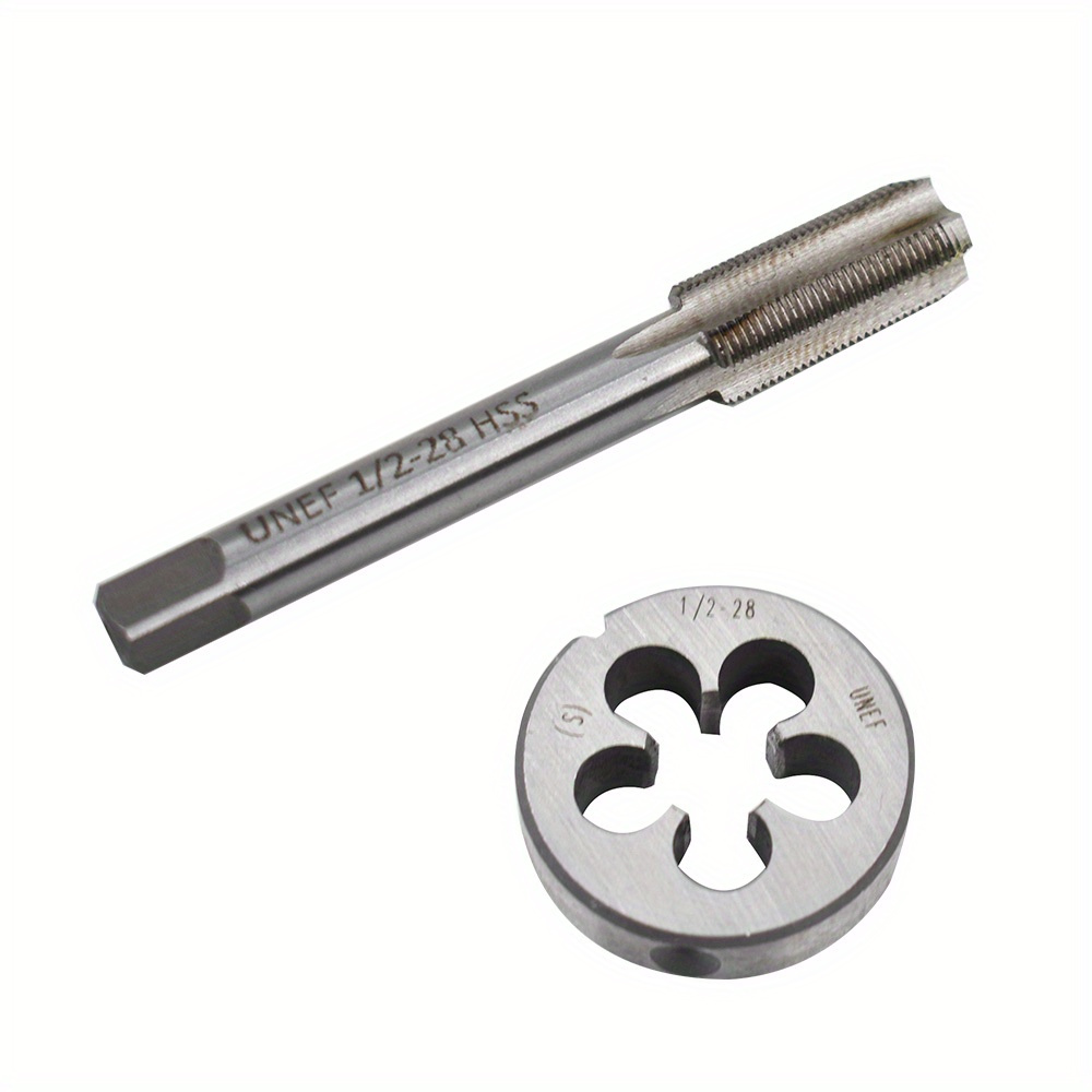 

A Set Of Tools Including A 28 Machine Thread Tap, A Round Thread Die, And A 1/2in-28 Hss Tap And Die Set For Right-hand Use With 22lr, 223, 5.56, And 9mm.