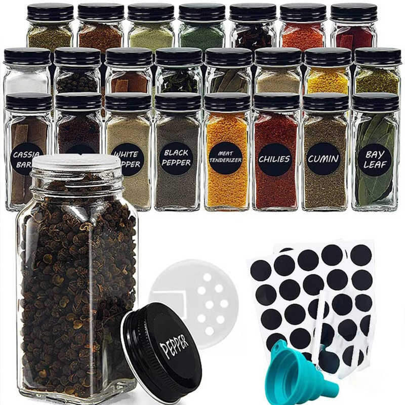 12 24pcs set of 120ml square glass spice jars   40 labels shaker lids airtight black metal lids   with chalk marker foldable funnel