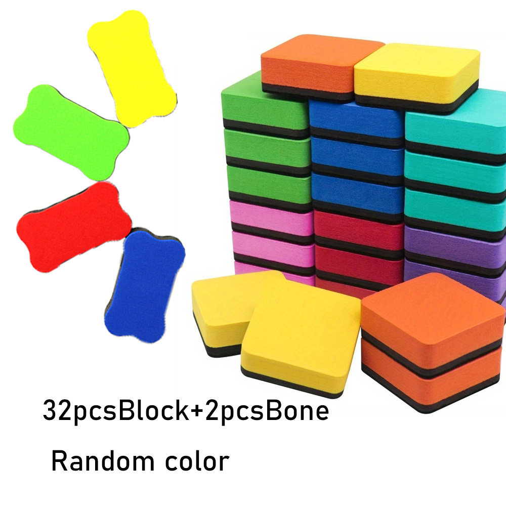 TEMU 34pcs, 32pcs Random Chalkboard Erasers + 2pcs Bone-shaped Chalkboard Erasers, Eva Felt Fabric Whiteboard Erasers, Colorful Chalkboard Erasers,