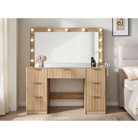 ALBOTT Fluted Vanity Desk With Large Mirror, Adjustable LED Lights, Glass Top, Charging Station And 4 Or 7 Drawers Makeup Table For Women And Girls, Suitable For Home Use