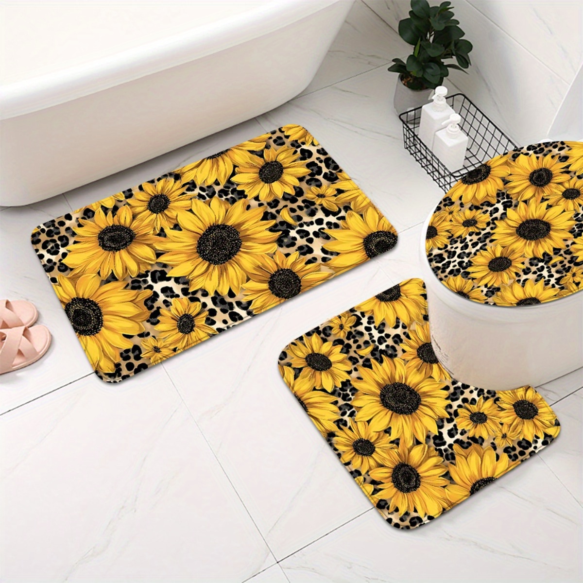 Sunflower Bathroom Set with Shower Curtain and Non-Slip Mats