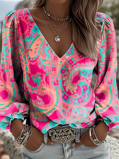womens shirt vintage western style printed v neck shirt christmas and new year gift 2d flat
