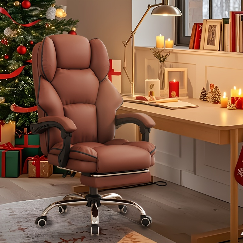 Silla de jefe de cuero marrón con función de reclinar, silla de estudio, silla giratoria de computadora para el hogar con atmósfera navideña, silla de computadora con reposabrazos extendible, diseño ergonómico de respaldo, silla de escritorio ejecutiva. Silla cómoda para el hogar y el trabajo. Solo para exteriores. - Imagen 2