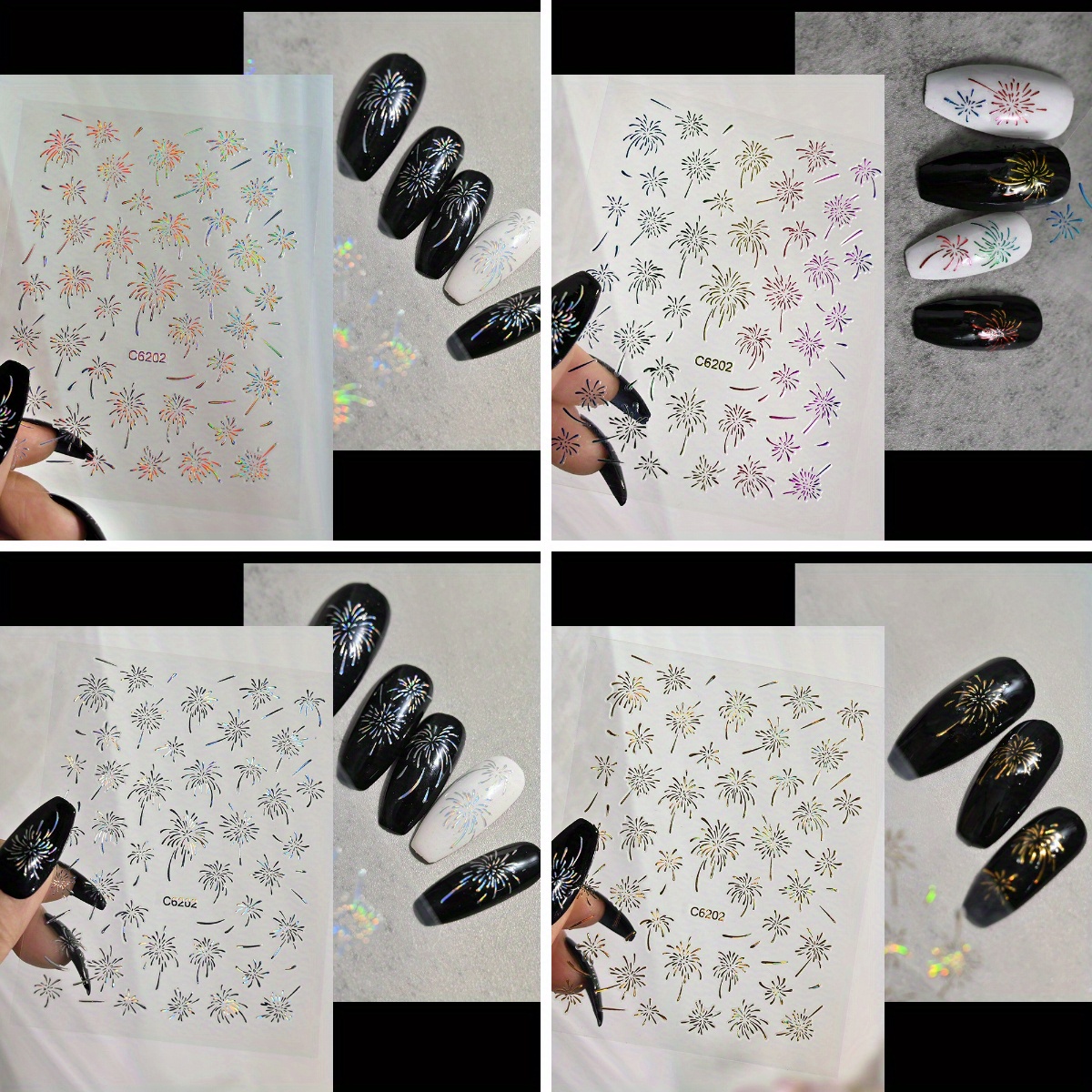 TEMU 4pcs Laser Firework Nail Stickers 3d Self-adhesive Blooming Fireworks Nail Art Decals New Year Firework Slider