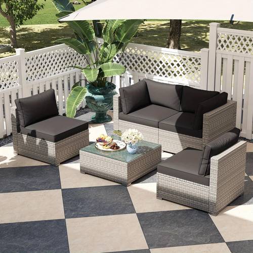 5pcs outdoor patio sectional sofa set pe rattan conversation set with glass coffee table and cushions durable outdoor furniture set with strong metal frame for garden poolside or backyard porch in black and gray