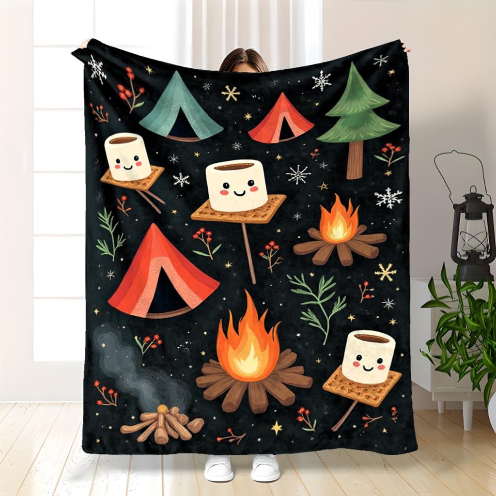 TEMU jeté 1 pièce en flanelle ultra-douce avec imprimé « with Smores » - Couverture douillette toutes saisons taille lit, canapé, chaise, camping et