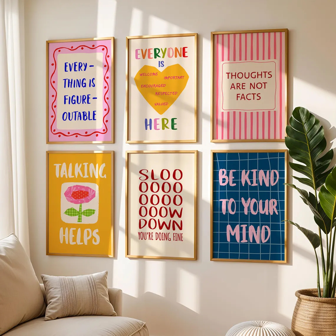 E-shop 6-teiliges Set, Wandkunst, Vintage-Poster, Rosa Blumen Gelbes , Mental Health Kunstdruck, Inspirierende Zitate Leinwandbild, Perfekte Dekoration