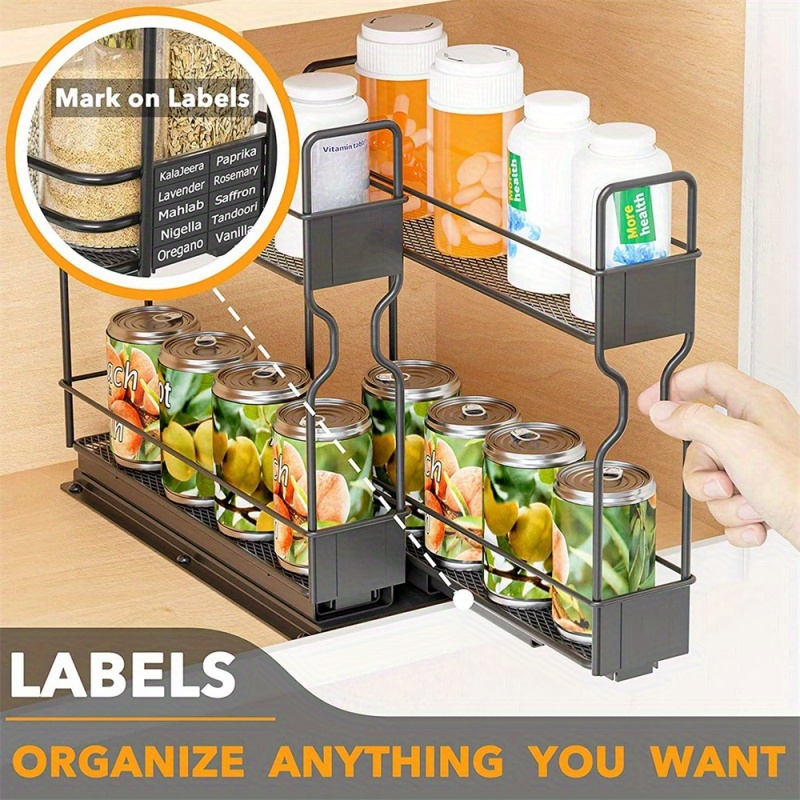 Sliding Spice Rack Organizer For Cabinets, Featuring 1 Row And 2 Tiers, Complete With Labels And A Sponge Brush, In Black