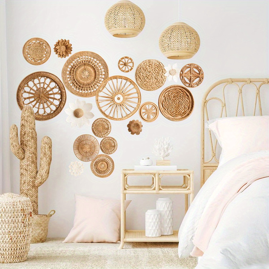 

2pcs Chic Pvc Wall Decals - Rustic Round & Basket Designs, & Peel, Removable Wallpaper Art For Living Room, Bedroom, Office - Contemporary Bohemian Decor With Geometric Patterns, Room Decor