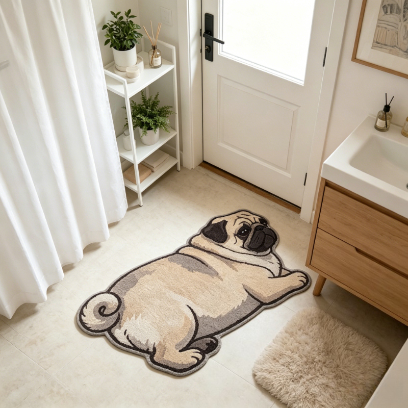 TEMU Aimzzasky Pug Rug Suitable For Entryway, Bathroom & Bedroom - Non-slip Machine Washable With Adorable Pug Dog, Irregular Suitable For Bathtub
