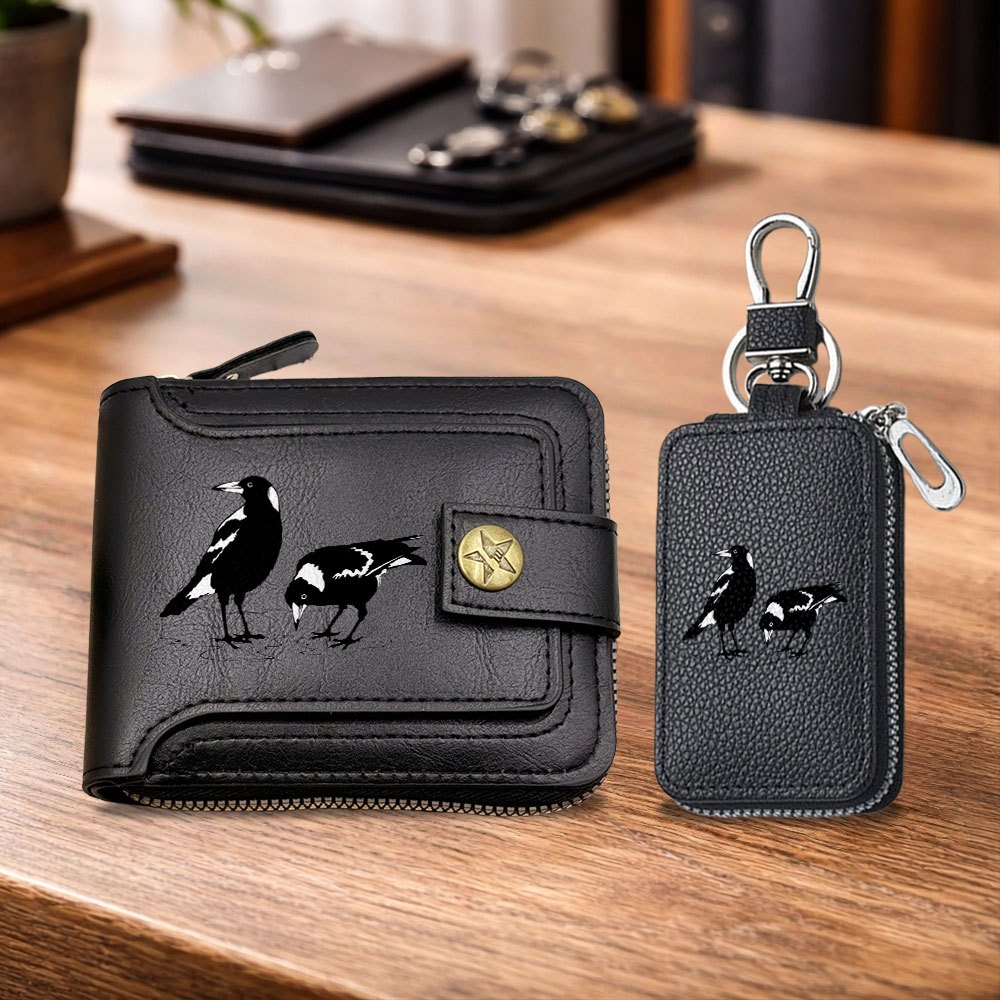 TEMU 2pcs Vintage Wallet & Key Holder Set - Retro Magpie Print Business Wallet + Key Pouch, Suitable For Christmas Gifts, Presents, Events, Travel,