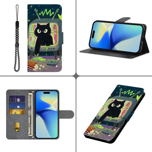 phone case 2d flat printing suitable for google pixel 6 6a 6 pro 7 pro 7 7a 8 8 pro 8a 9 9 pro 9 pro xl pixel9 10 pro xl 10a phone case black cat pattern with flip built in card slot bracket and lanyard phone protective cover