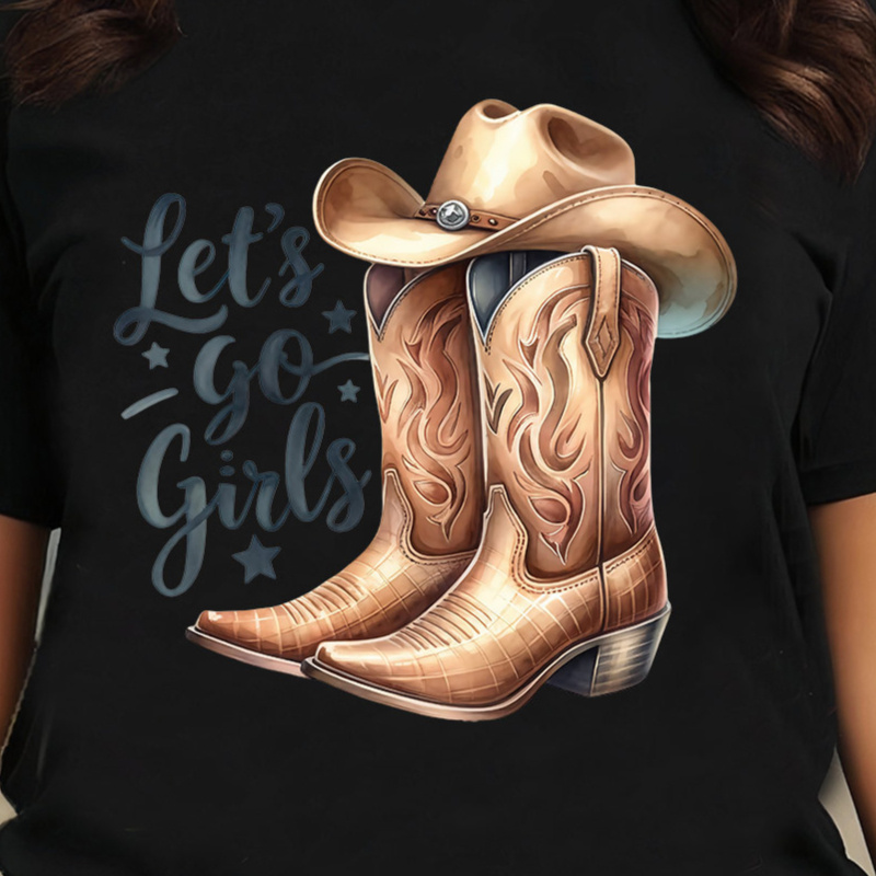 

Women's "let' Girls" Western Style T-shirt - Black Crew Neck With Cowboy Hat & Boot Graphic, Short Sleeves, Stretchy Polyester , Machine Washable, Casual Wear, Regular Style