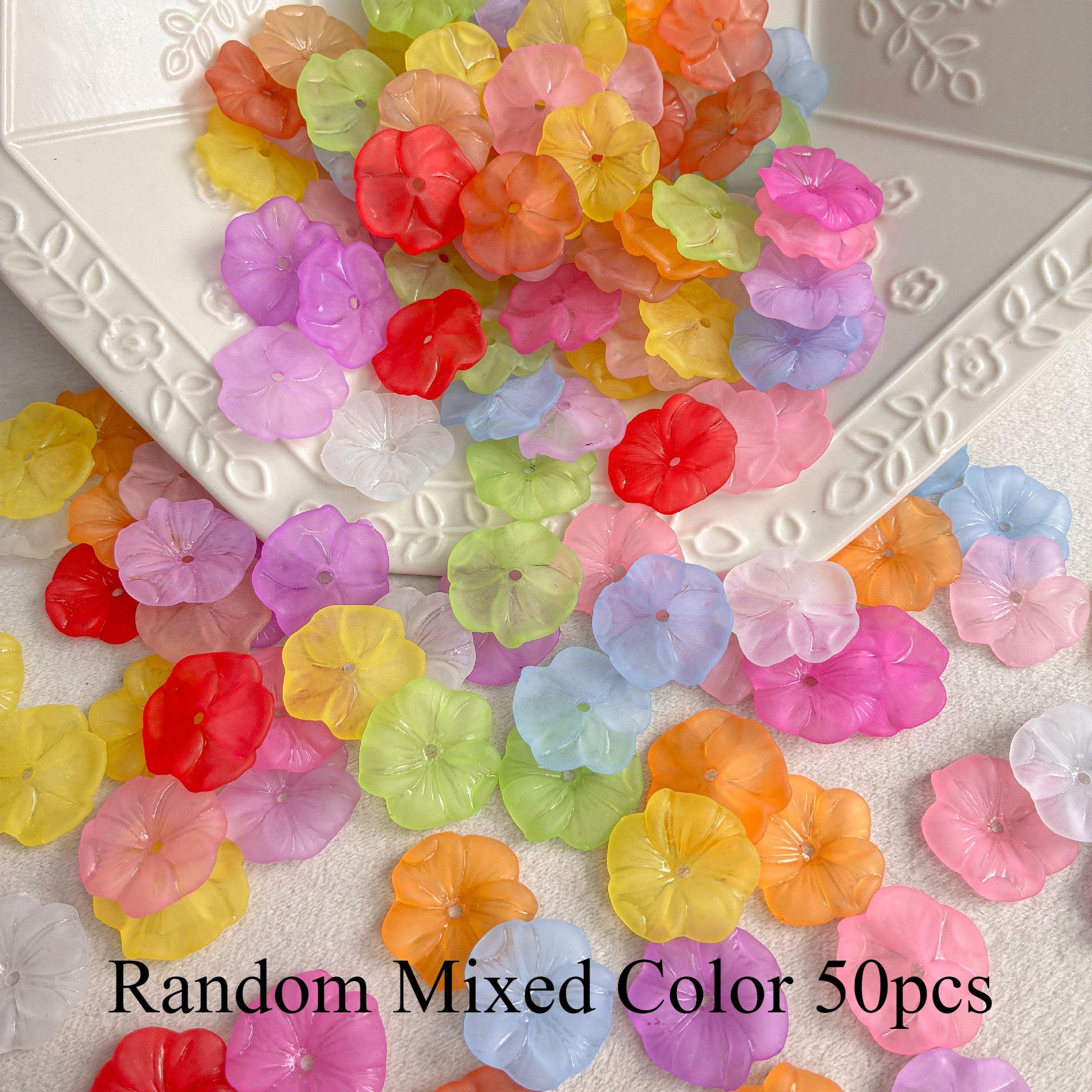 TEMU 50pcs Random Mixed Color Mixed Color Acrylic Frosted Embossed Wave 5 Petal Hibiscus Flower Loose Beads For Jewelry Making Phone-chain Keychain