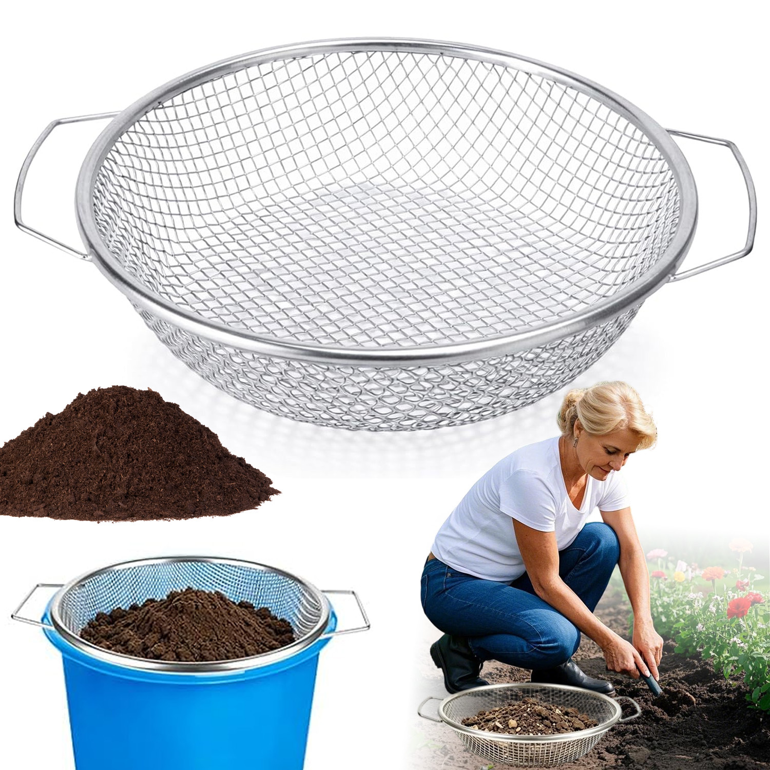 Image of Multipurpose Gardening Sieve, Galvanized Metal Soil Sifter Equipped With 6mm Mesh Screen And Dual Gripping Handles, Perfect For Screening Potting Soil And Compost Indoors And Outdoors