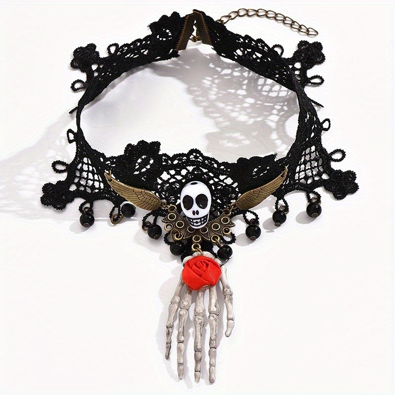 TEMU 1pc Collier Choker Gothique pour Femme - Col en Dentelle Élégant et avec Chaînes, Bijoux de Fête d'Halloween, Accessoires Gothiques Quotidiens -