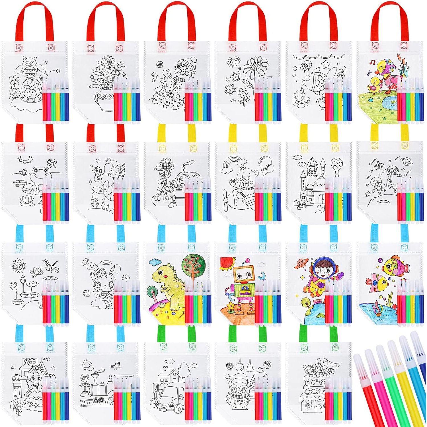 

10/12/14pcs Coloring Animal Art Party Bags With Pens, Reusable Non Woven Bags, Diy Graffiti Coloring Bags, For Diy Painting Birthday , Party Supplies Gift