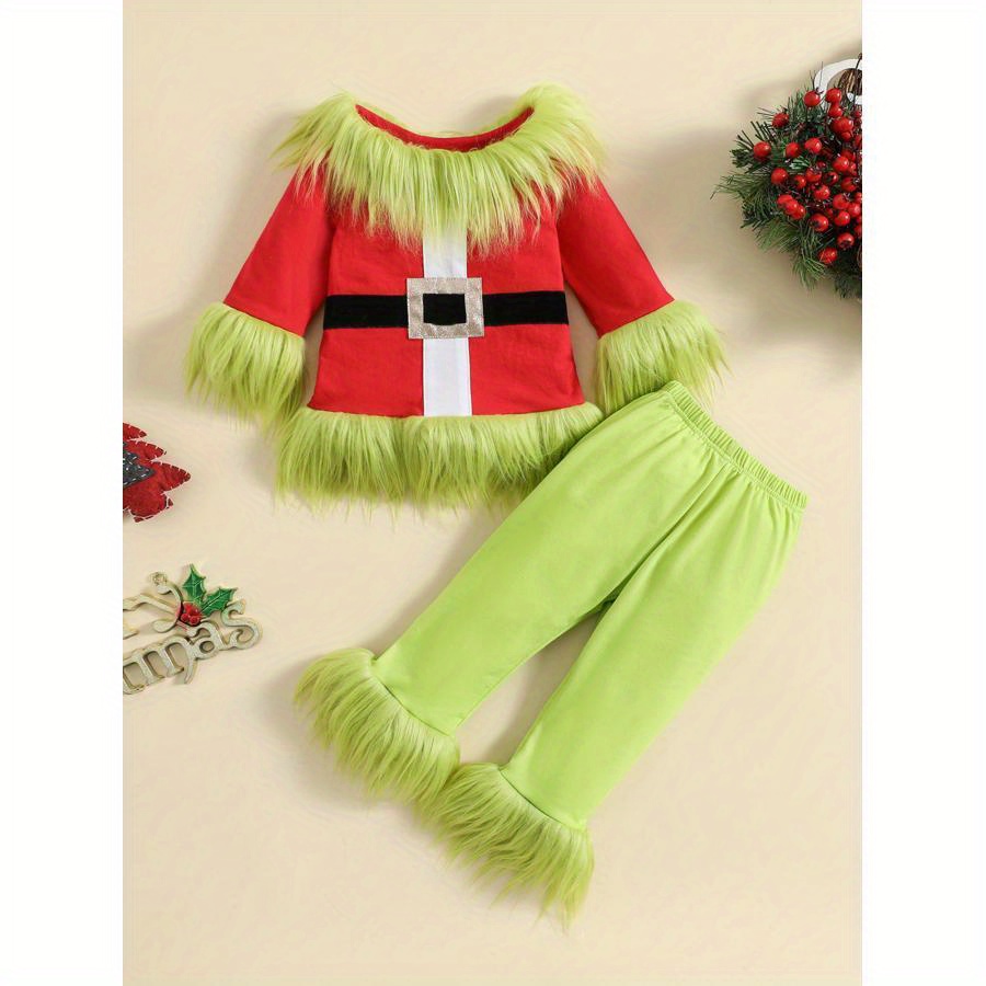 

Small Size Kids Christmas Pants Set Boys Girls Plush Tops And Waist Pants Outfits Child 2pcs Fuzzy Suits, Outdoor