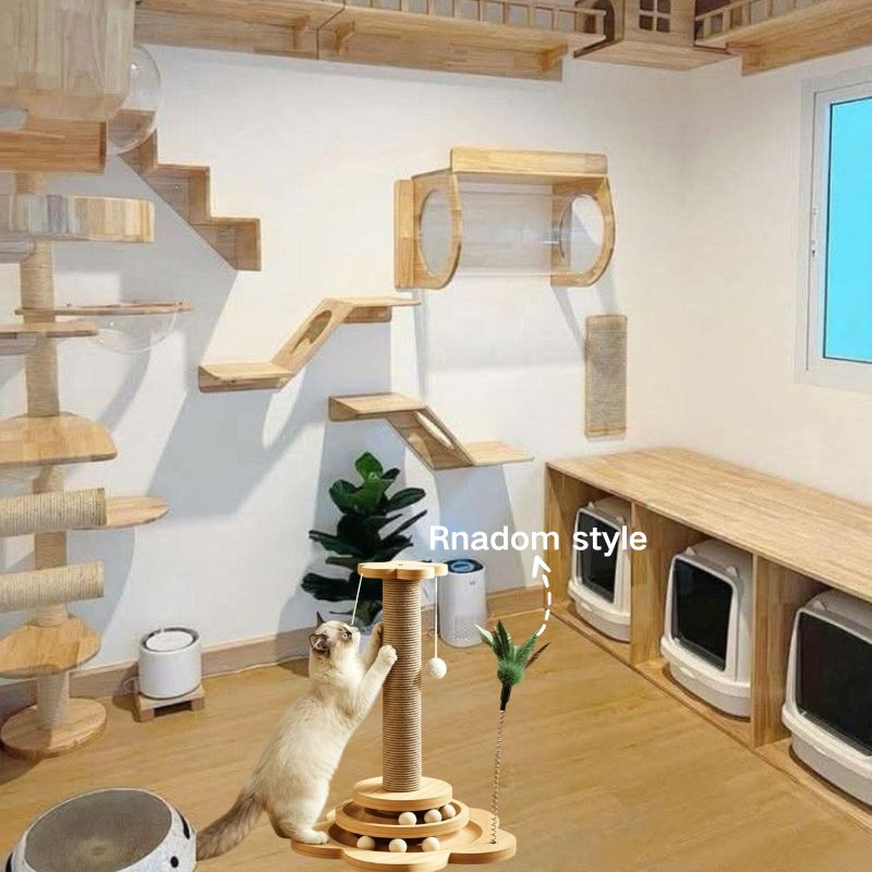TEMU Four-in-one Multifunctional Cat Scratching Post With Sisal Rope & Ball - Sturdy Wooden Base Suitable For Indoor Cats, Tip-resistant Climbing