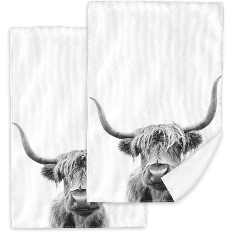 

2pcs Highland Cow Hand Towels, Super Soft Polyester, , Cartoon Theme, Woven, Machine Washable, 18x26 Inch, For Bathroom, Kitchen, Spa - Farmhouse Decor Dish Cloths