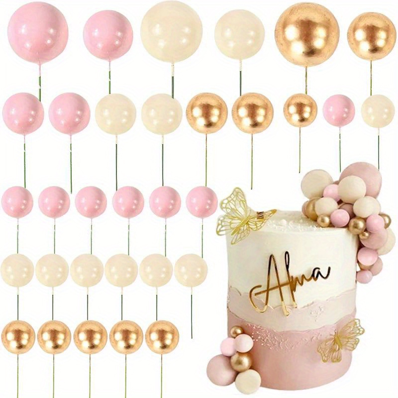 32pcs Elegant Foam Ball Cake Toppers Set, Pink, Golden And Pearl Balls With Cupcake Flags, Ideal Diy Picks For Birthday Cake Decorations，halloween，christmas