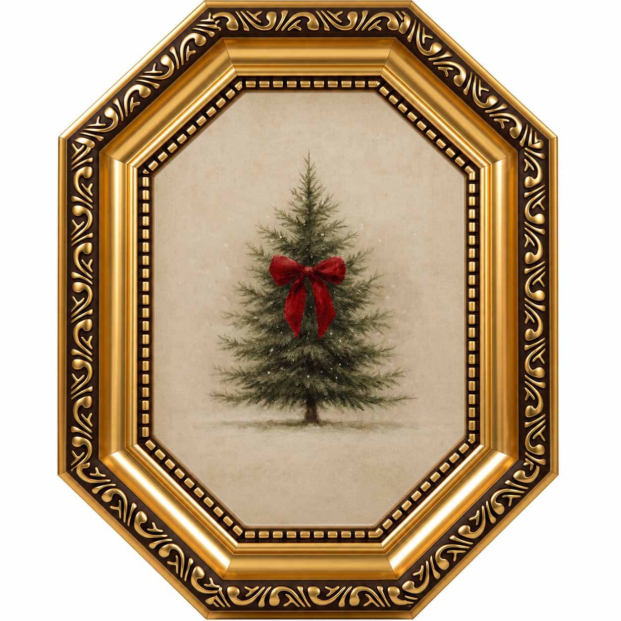 TEMU 2d Flat, 2d/flat, 1pc Framed Ps Resin Octagonal Goldedged Patterned Frame Christmas Tree With Red Bow Vintage Wall Art Decor, Room Apartment