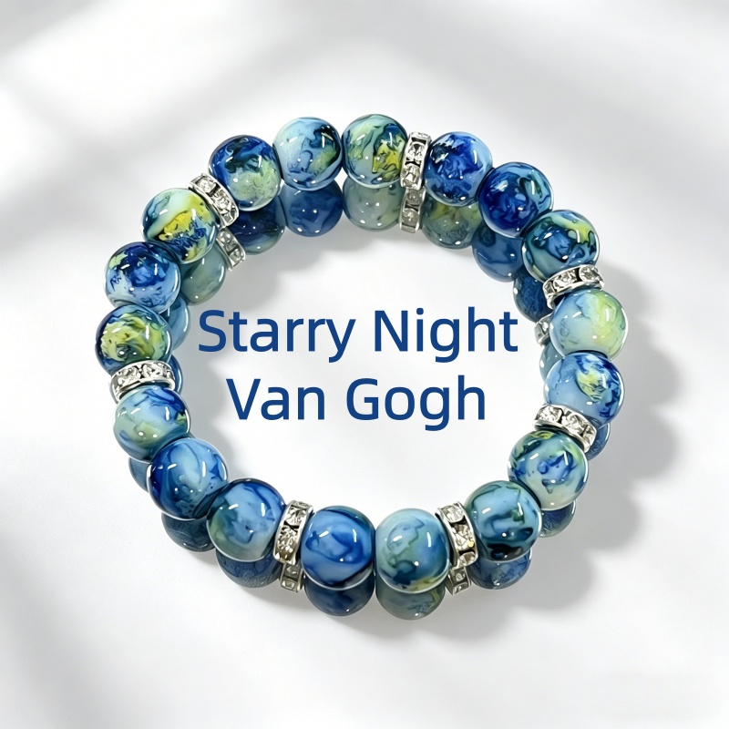 TEMU 1pc Vintage Oil Painting Series Beaded Bracelet, Featuring Van Gogh's "starry Night" Color Scheme, Handcrafted With An , Suitable For Men And