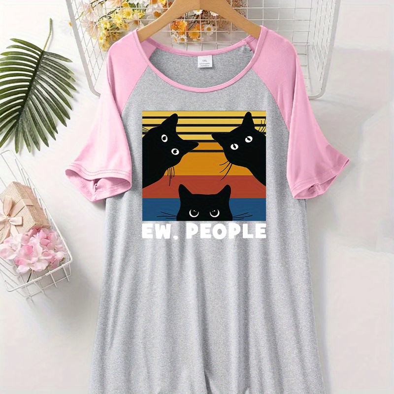 

1pc Ew. People Casual Printed Night Dress, Polyester Knit Fabric, Crew Neck, Short Raglan Sleeves, Medium Stretch, Animal Pattern, Sleepwear For Adults