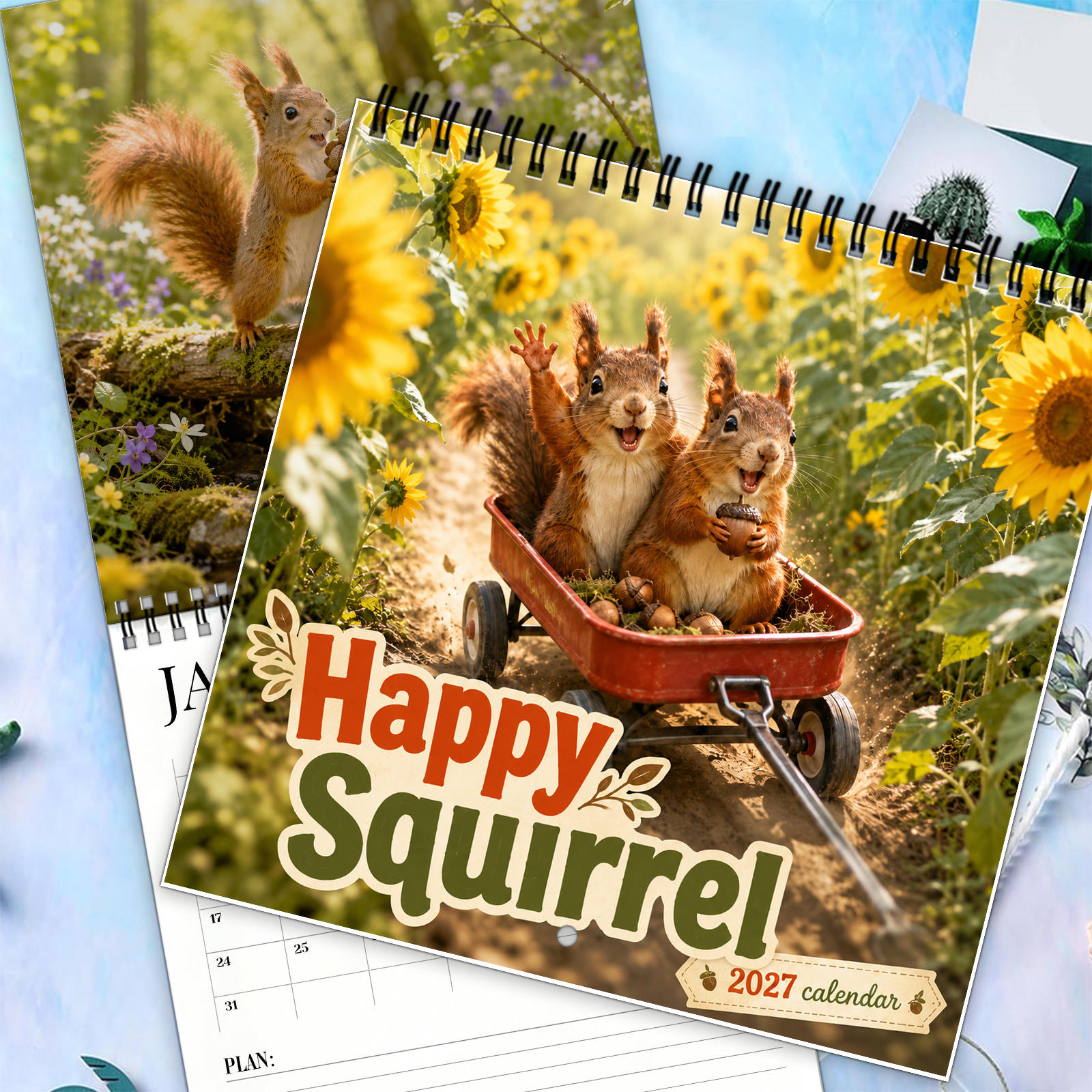 TEMU 1pc Calendrier Écureuil 2027, Petite Photo Mignonne d'animaux avec , Chariot Rouge, , -, Homme de Neige, Photos, Design Suspendu à Double Fil