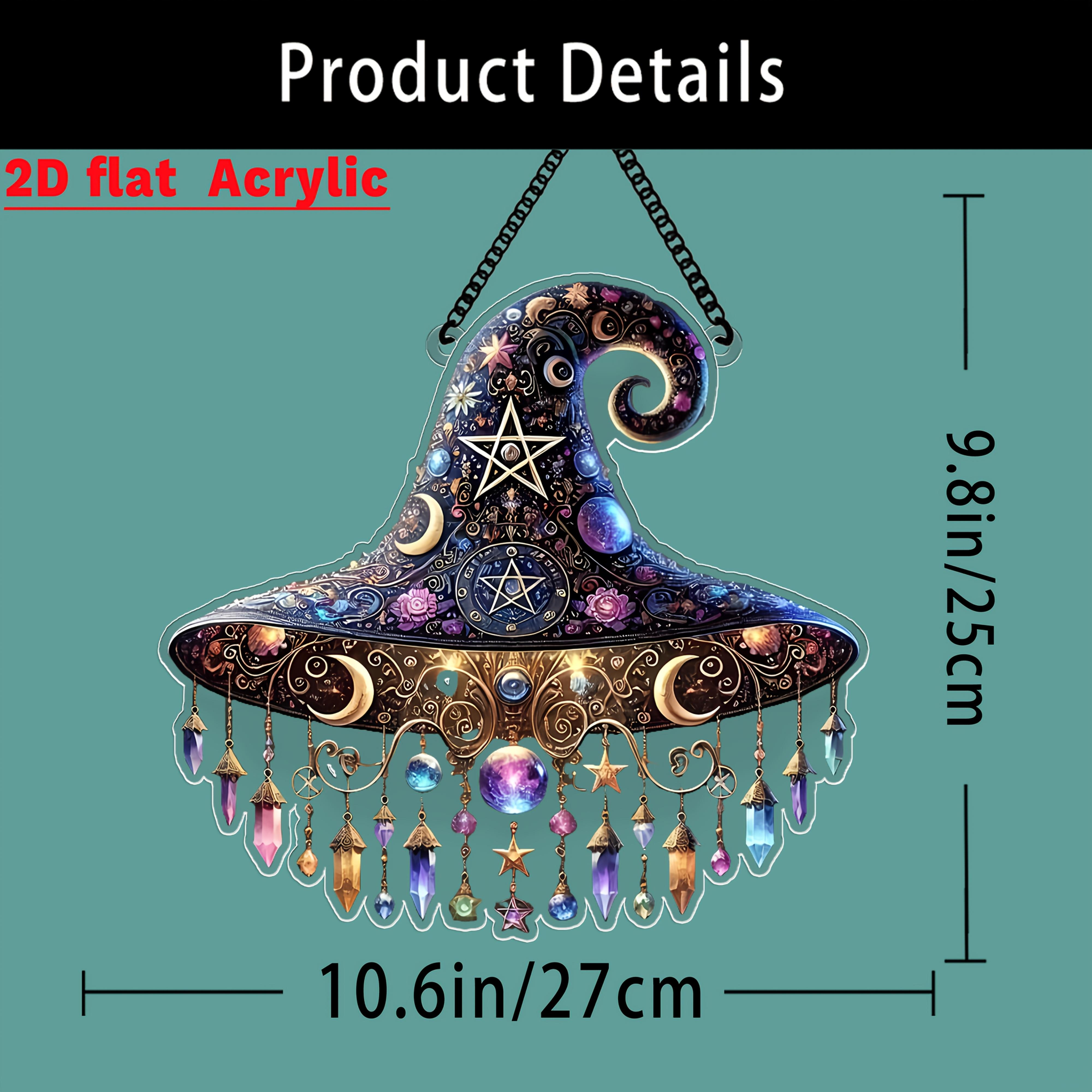 TEMU 2d Flat, 1pc Halloween Hat - 2d Acrylic Hanging Ornament With Colorful Gems And Stars, 9 X 84cm X 10.63in, Bohemian Style Home, Window, Balcony,
