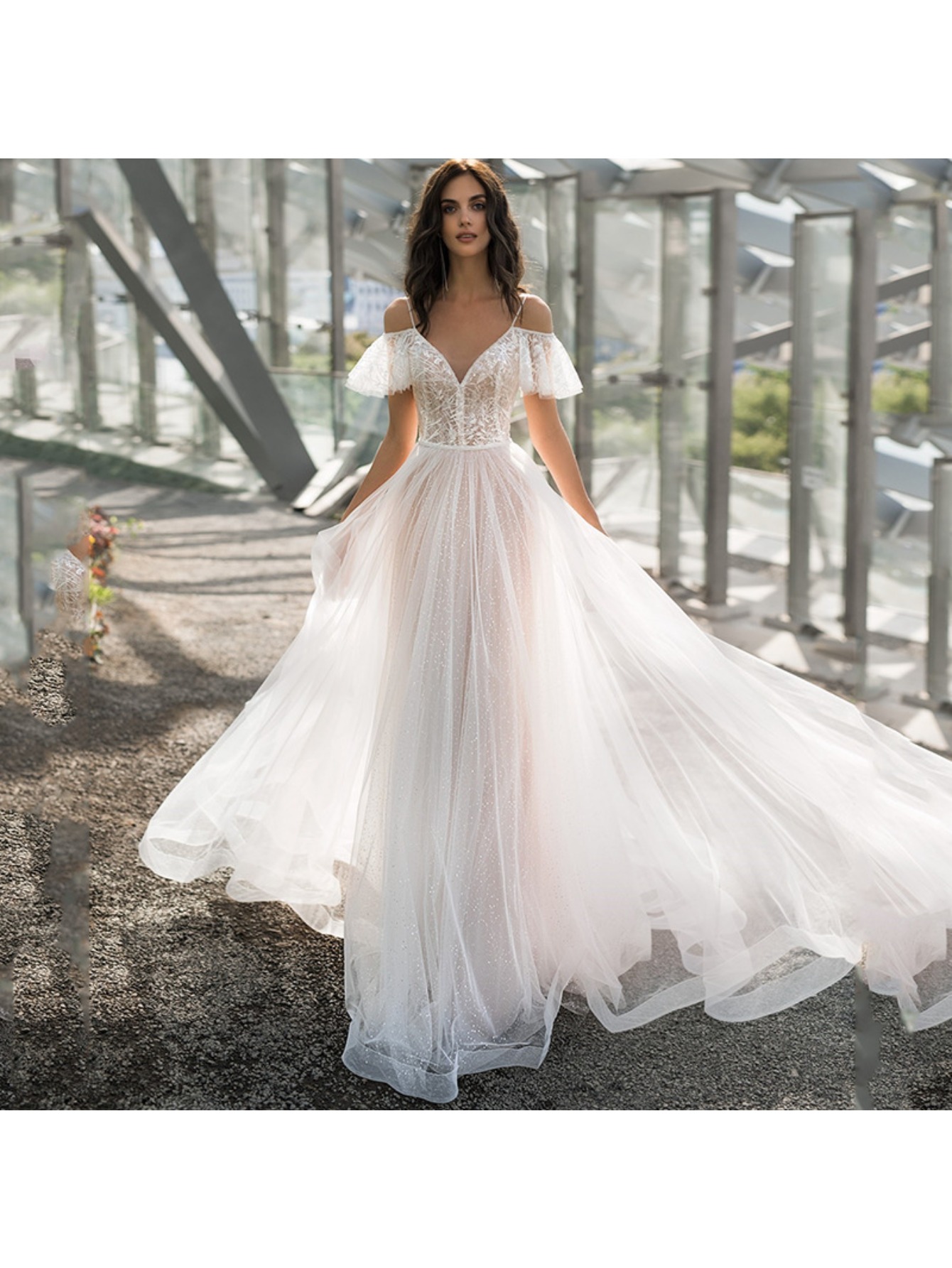 Lace & Tulle Wedding Dress, Deep V-Neck Off Shoulder with Ruffle Sleeves,  High Waist A-Line Floor Length Bridal Gown, Flattering Fit for Wedding,  Bridal Party and Photoshoot