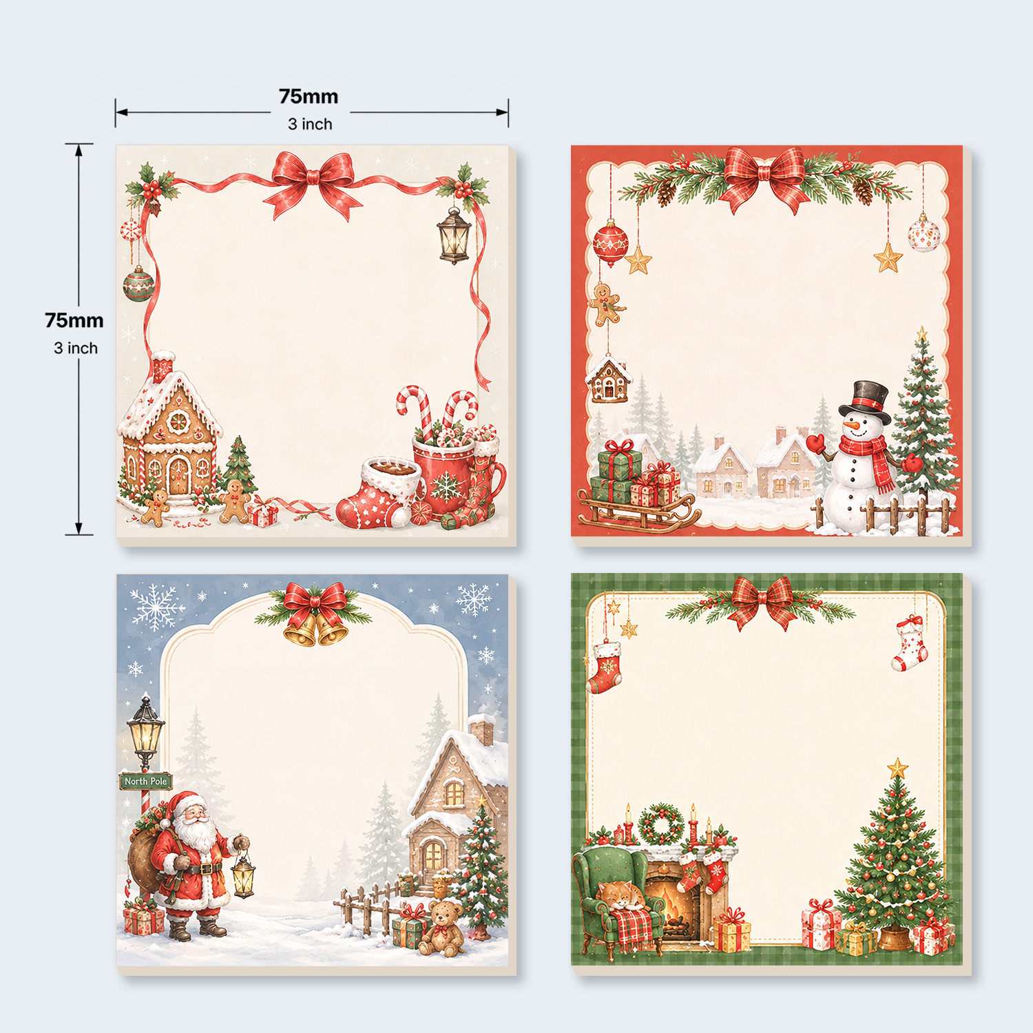 TEMU 4pcs Christmas Sticky Note Set, Suitable For Notes, Reminders, And Journaling - Total 200 Sheets With Holiday Bows, Snowmen, Santa Claus, Snowy