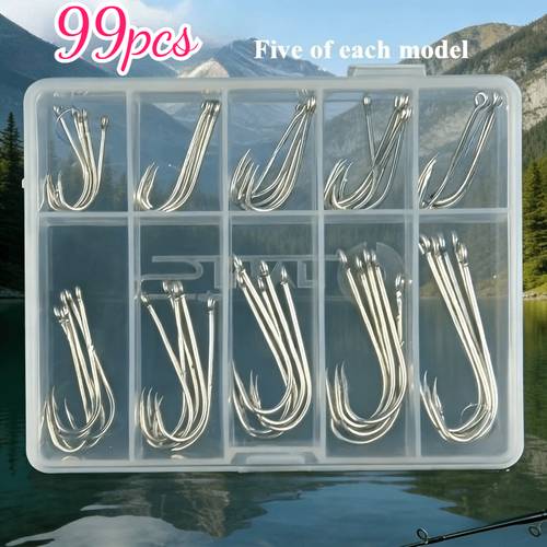 item picture 99pcs long shank barbed fish hook set 10 sizes with storage box suitable for saltwater and freshwater fishing