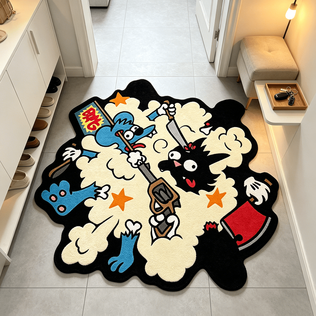 TEMU Velvet Carpet 1pc Retro Cartoon Rat War Irregular Carpet Smoky Bottom Blue War Floor Mat Entrance Hall Gaming Room Study Bedroom Multi-area