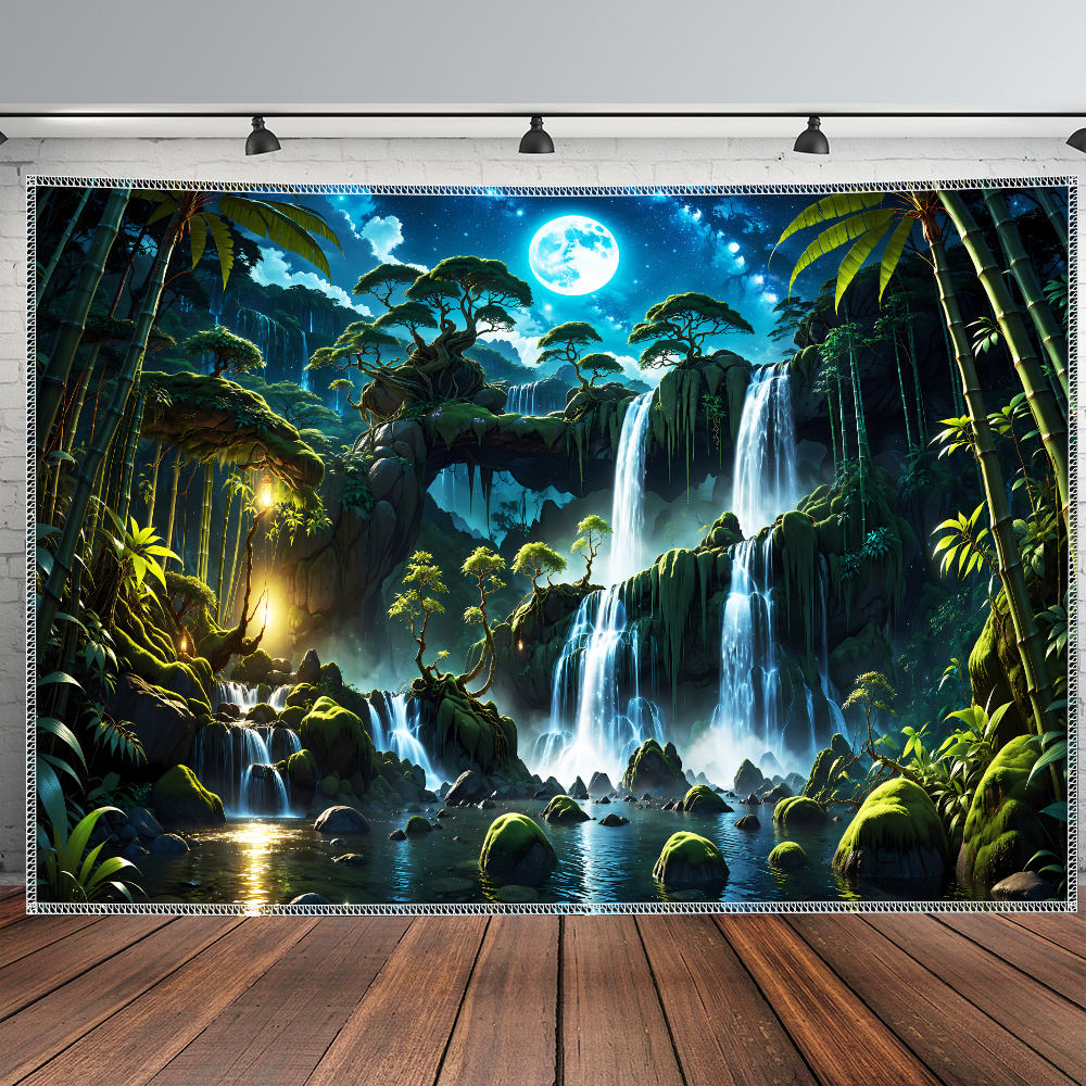 TEMU 1pc- Ultra Large Size- Forest Waterfall Moon Landscape Photo Huge Digital Printing Tapestry, Aesthetic High-definition Printing Polyester- For