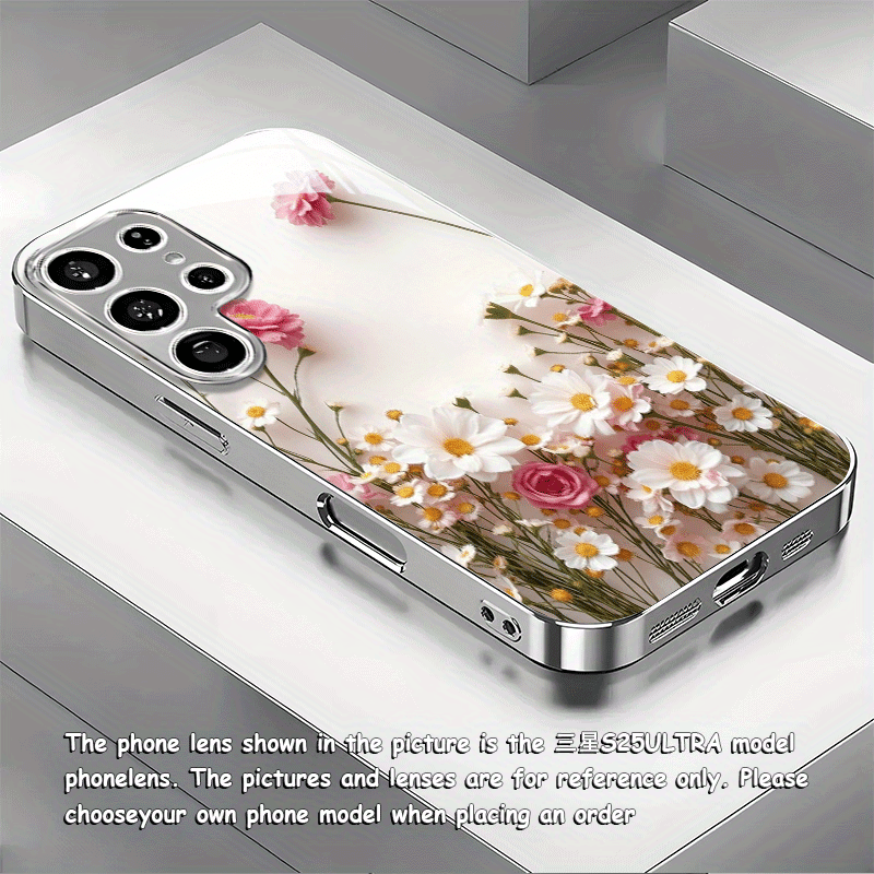 TEMU Artistic Floral Pattern New Electroplated Silver Phone Case For For Galaxy S25 Ultra, S25 Plus, S25, S24 Ultra, S24 Fe, S24, S23 Ultra,