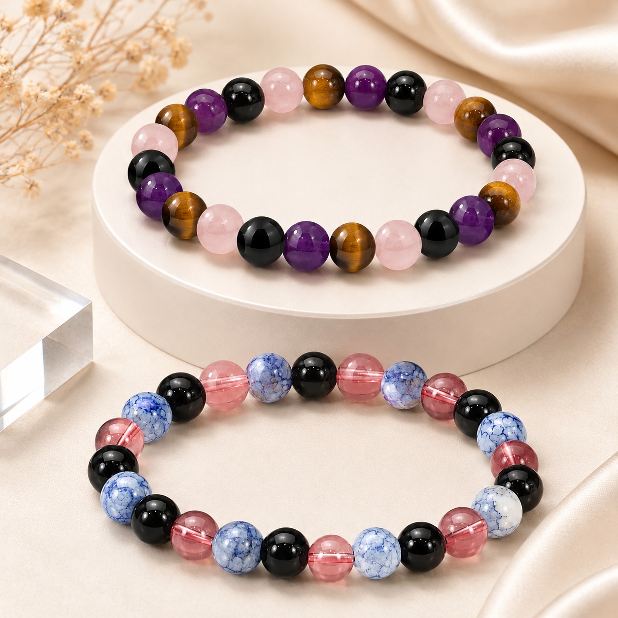 2pcs Set Colorful Round Bead Elastic Bracelets, Unisex